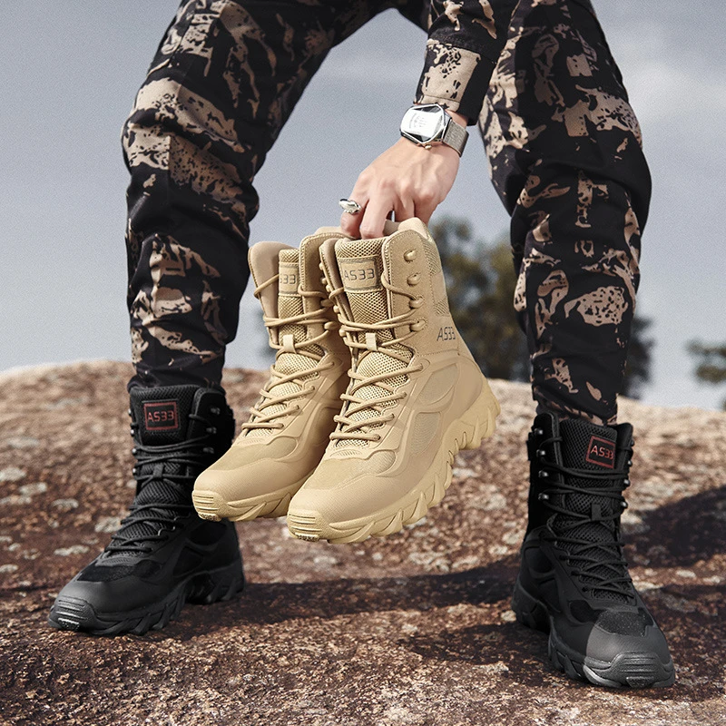 Bottes tactiques mi-mollet respirantes camouflage en cuir véritable pour l'alpinisme en extérieur, imperméables, semelle en caoutchouc